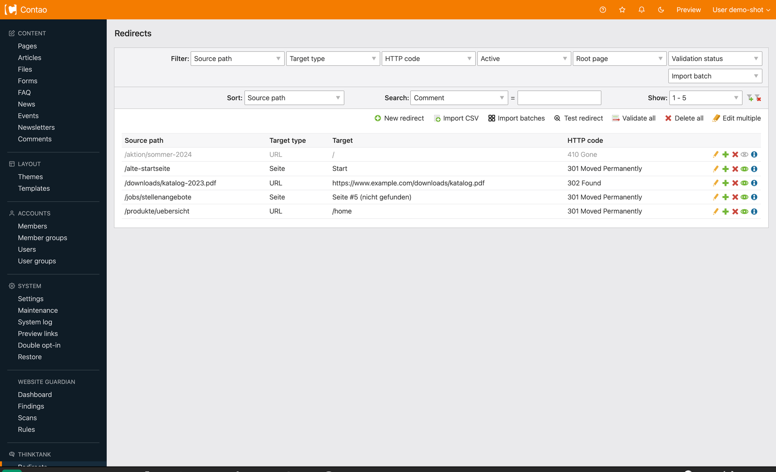 Redirect Manager im Contao-Backend: durchsuchbare Weiterleitungsliste mit 301-, 302- und 410-Einträgen, CSV-Import, Test-Werkzeug und Validierung